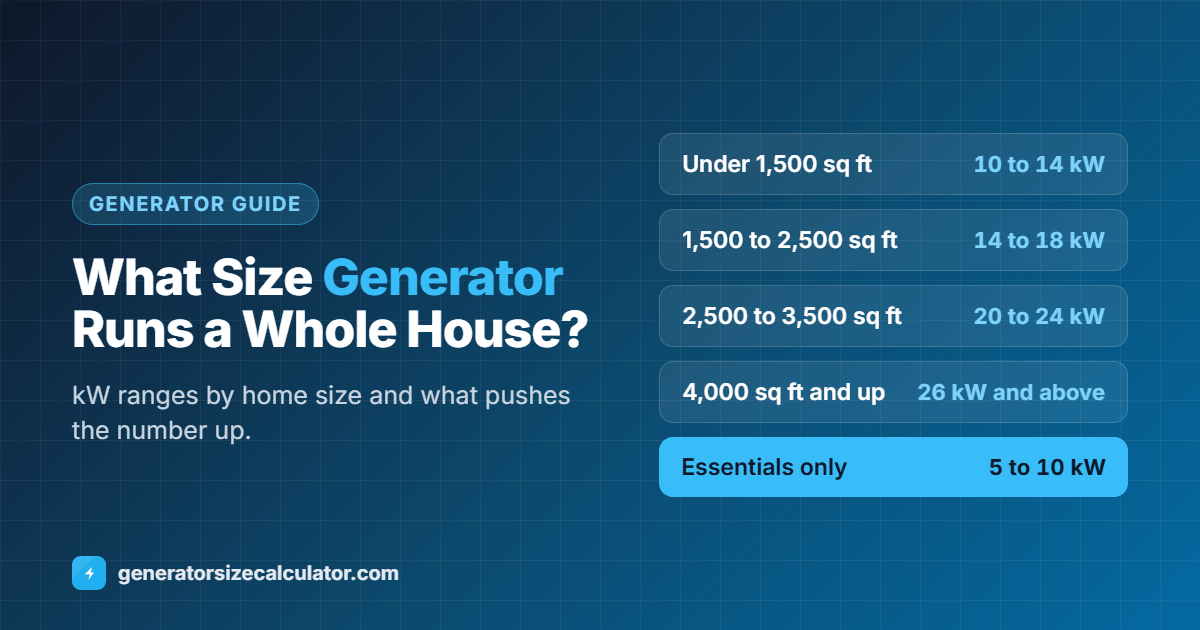What size generator to run a whole house: about 10 to 14 kW under 1,500 square feet, 14 to 18 kW for 1,500 to 2,500 square feet, 20 to 24 kW for 2,500 to 3,500 square feet, and 26 kW and up for 4,000 square feet or more