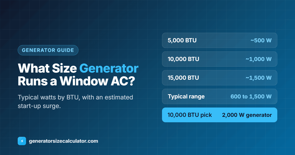 What size generator to run a window AC: about 500 running watts for 5,000 BTU, 1,000 for 10,000 BTU and 1,500 for 15,000 BTU, needing about a 2,000 to 2,500 watt generator