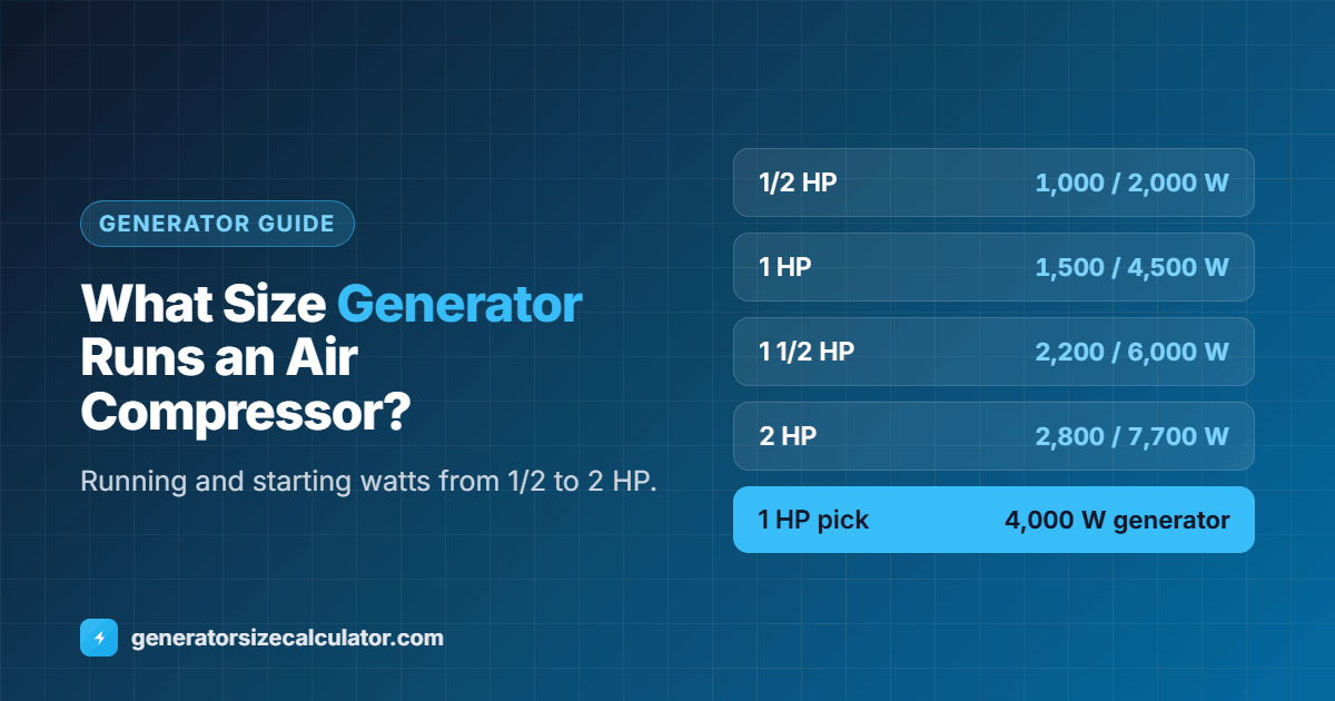 What size generator to run an air compressor: 1/2 HP 1,000 running and 2,000 starting watts, 1 HP 1,500 and 4,500, 1.5 HP 2,200 and 6,000, 2 HP 2,800 and 7,700