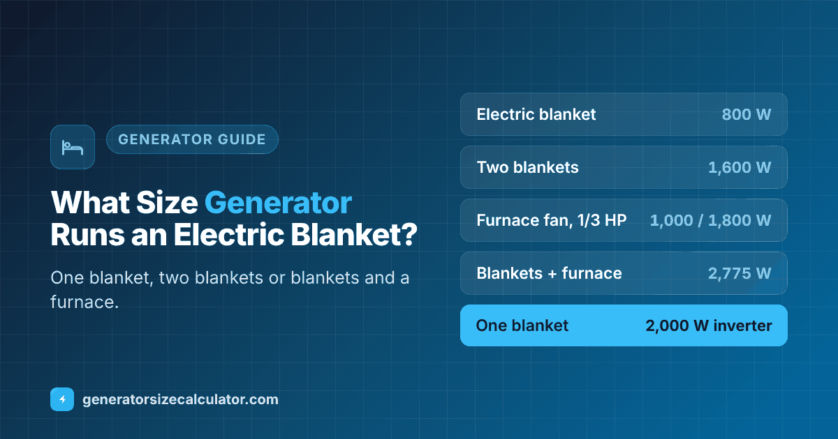What size generator to run an electric blanket: a queen blanket 800 watts, a 2,000 watt inverter for one blanket, 2,500 watts for two, and 4,000 watts for two blankets with a furnace fan