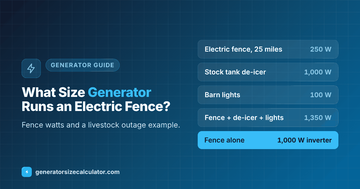 What size generator to run an electric fence: a 25 mile fence 250 watts, a 1,000 watt inverter for the fence alone, 2,500 watts with a stock tank de-icer and lights