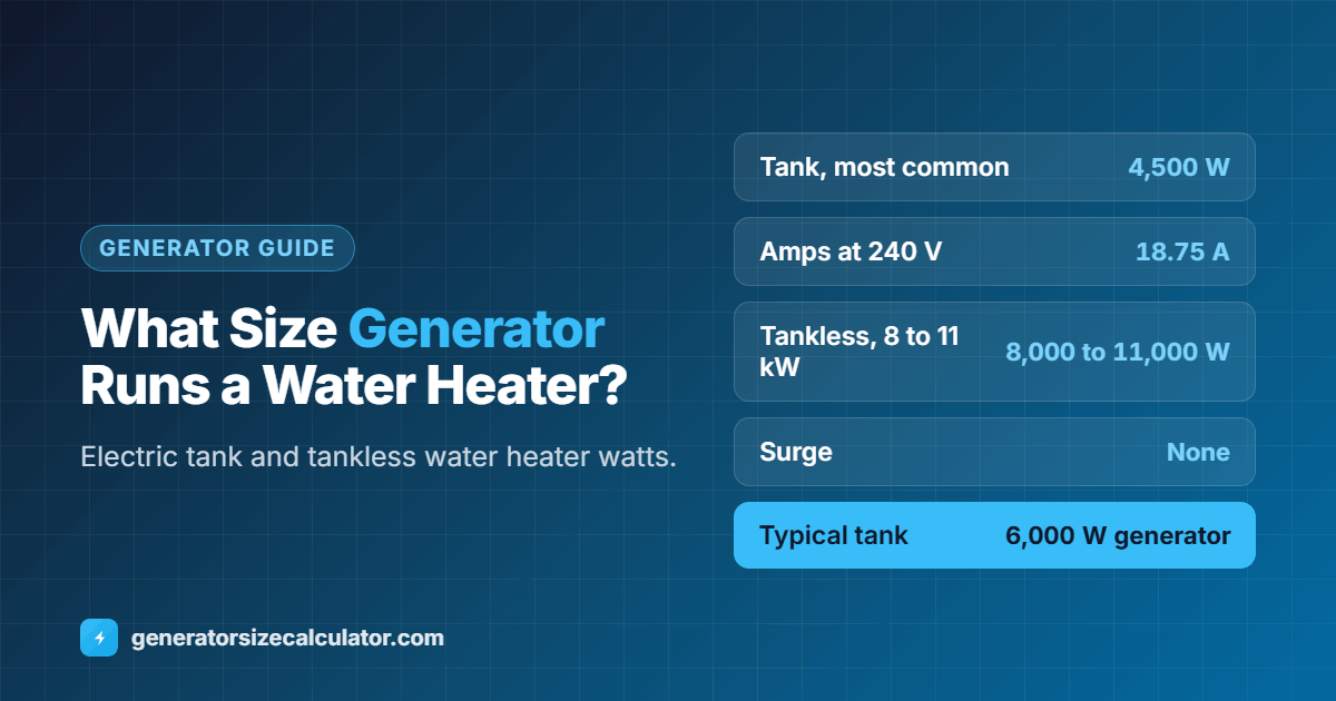 What size generator to run an electric water heater: a 4,500 watt tank element needs about a 6,000 watt generator at 240 volts, tankless units of 8 to 11 kilowatts need 10,000 to 14,000 watts