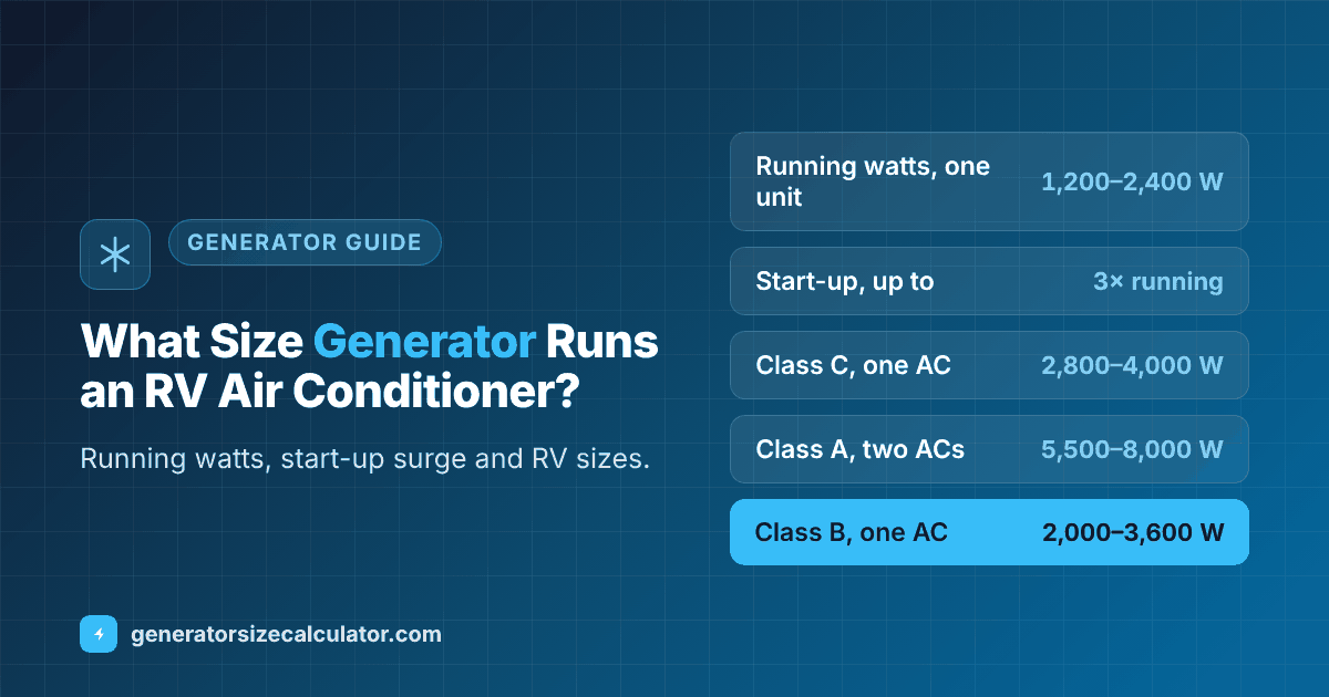 What size generator to run an RV air conditioner: 1,200 to 2,400 running watts, up to three times that at start-up, 2,000 to 3,600 watts for a Class B and 2,800 to 4,000 watts for a Class C with one air conditioner, 5,500 to 8,000 watts for two