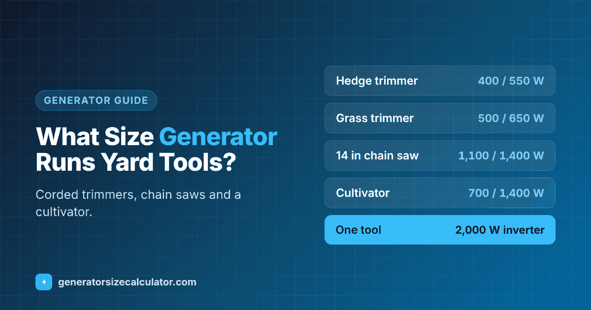 What size generator to run electric yard tools: hedge trimmer 400 running and 550 starting watts, grass trimmer 500 and 650, 12 inch chain saw 900 and 1,100, 14 inch chain saw 1,100 and 1,400, cultivator 700 and 1,400, a 2,000 watt inverter runs any one