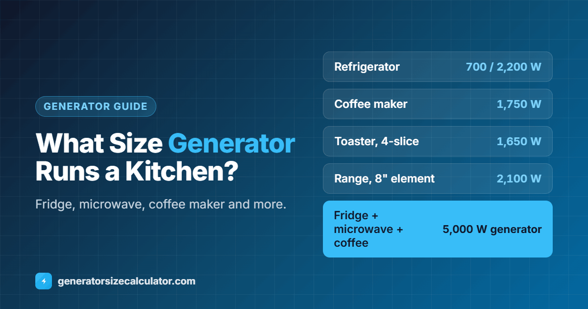 What size generator to run kitchen appliances: fridge 700 running and 2,200 starting watts, microwave 625, coffee maker 1,750, toaster 1,650, dishwasher 1,450 and an 8 inch range element 2,100, a 5,000 watt generator covers a fridge, microwave and coffee maker