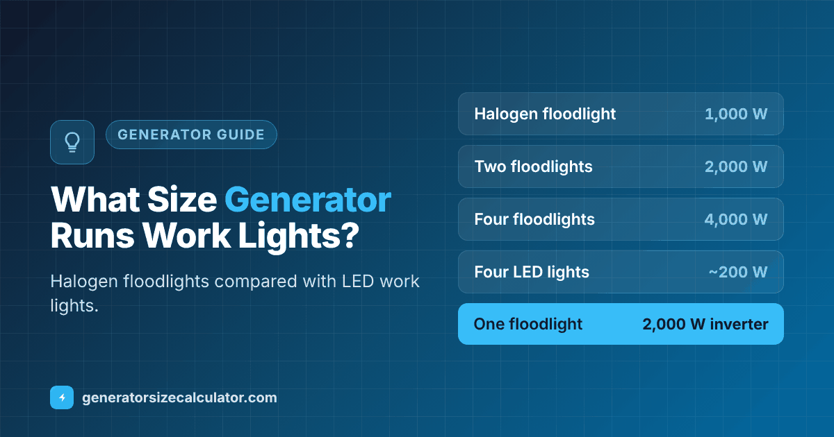 What size generator to run work lights and floodlights: a 1,000 watt halogen floodlight needs a 2,000 watt inverter, two need 2,500 watts, four need 5,000 watts, and four 50 watt LED lights need only a 1,000 watt inverter