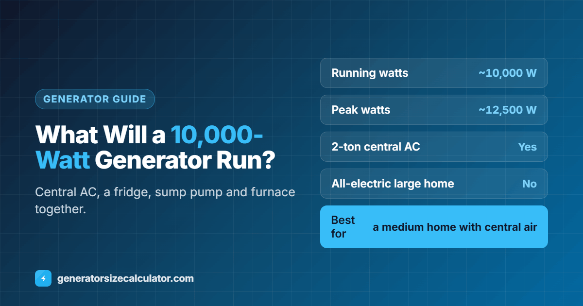 What will a 10000 watt generator run: a 2 ton central AC, refrigerator, sump pump, furnace fan, microwave and lights together, and an electric dryer if you take turns, but not a large all electric home