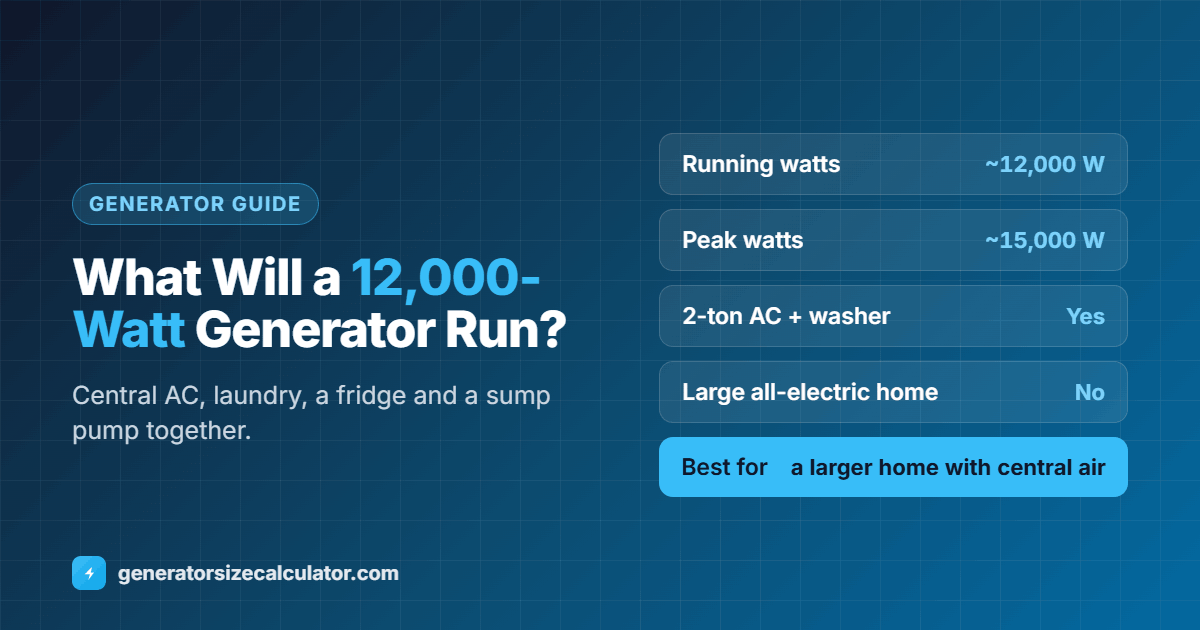 What will a 12000 watt generator run: a 2 ton central AC, refrigerator, sump pump, furnace fan, washer, microwave and lights together, and an electric dryer if you take turns
