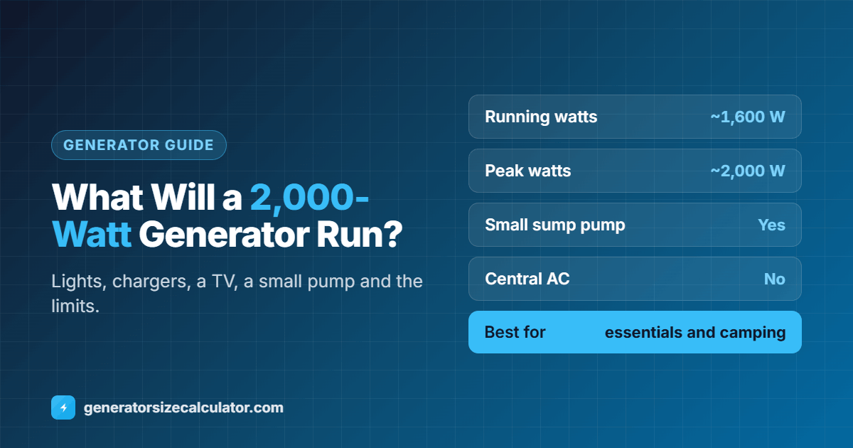 What will a 2000 watt generator run: lights, chargers, a TV, Wi-Fi, a small sump pump and possibly a refrigerator, but not central AC or an electric dryer