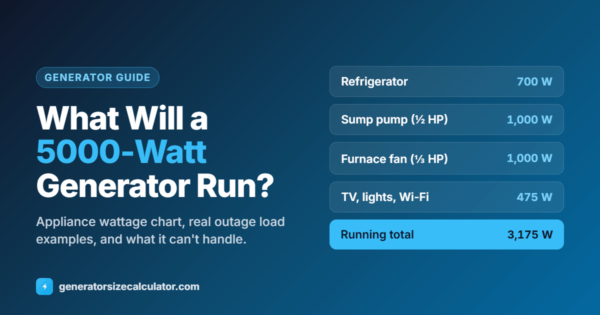 What will a 5000-watt generator run: refrigerator 700 W, sump pump 1,000 W, furnace fan 1,000 W and TV, lights and Wi-Fi 475 W for a 3,175 W running total