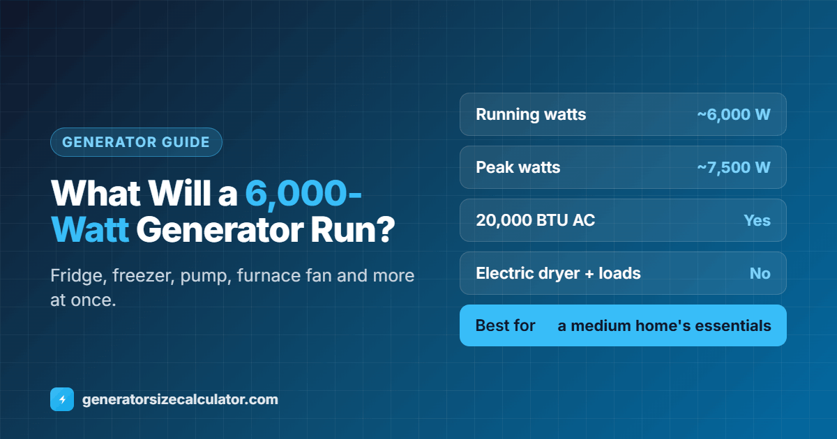 What will a 6000 watt generator run: a refrigerator, freezer, sump pump, furnace fan, microwave, lights and TV together, and a 20,000 BTU AC, but not an electric dryer with other loads or a 40,000 BTU AC